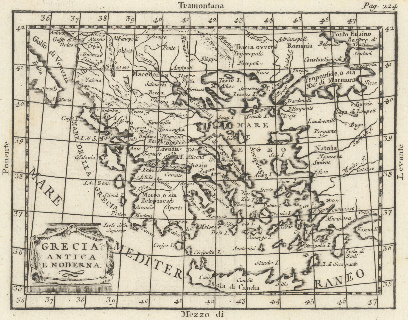 'Grecia Antica, e Moderna'. Greece antique map by Claudio Buffier 1788 old